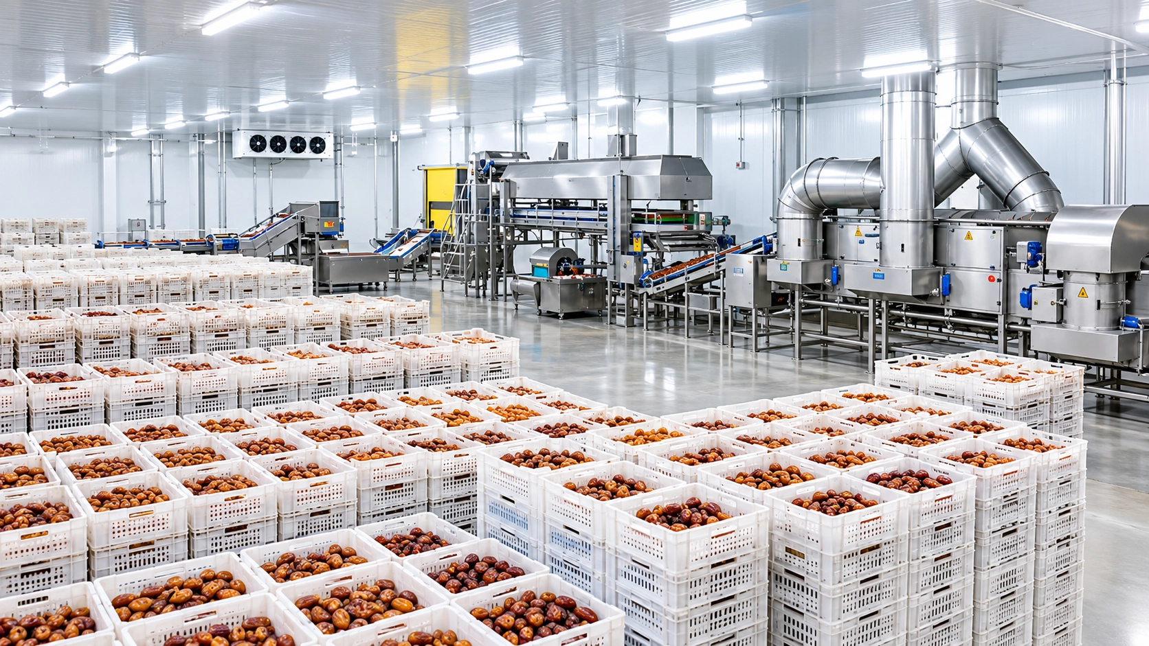 Processing facility with crates of Deglet Noor dates and sorting equipment - pitted Deglet Noor dates are inspected for pit fragments before packing